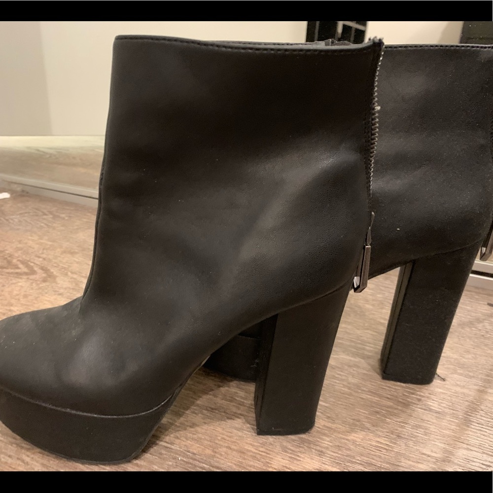 Black faux-leather high heeled booties